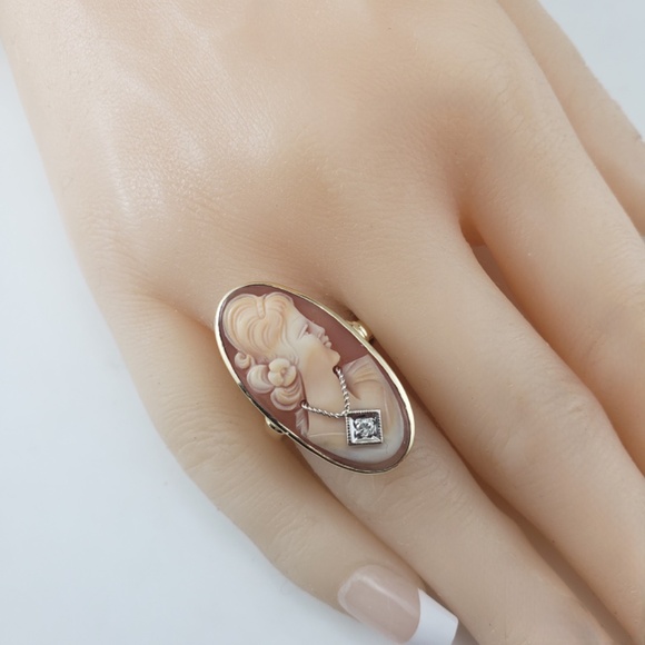 14 Karat Yellow Gold and Diamond Cameo Ring Size 8.5 #20749 - Picture 8 of 8